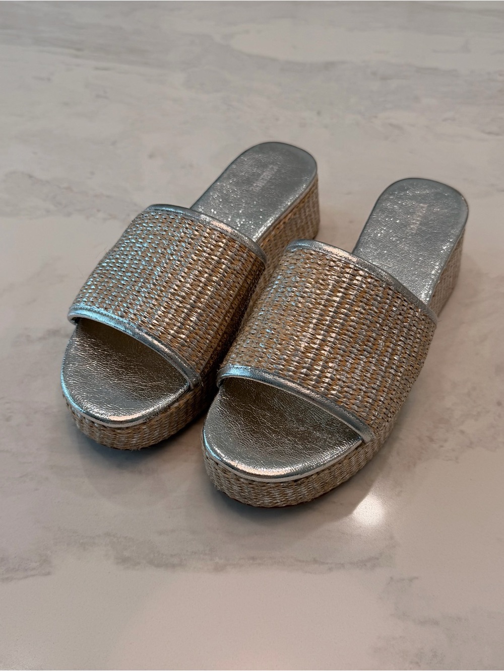 L'AGENCE Silver Woven Platform Slide Mules